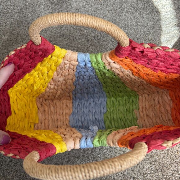 Vibrant Colorful Retro Semi-Circle Rattan Straw Bag 16"W x 13" H x 8" D - Picture 4 of 5